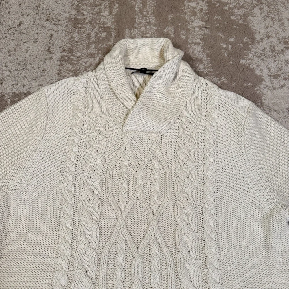 Banana Republic Sweater Mens Large Cream Fisherman Shawl Cable Knit Thick 3D